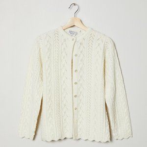 Vtg 50s Cream Open Knit Scalloped Cardigan M